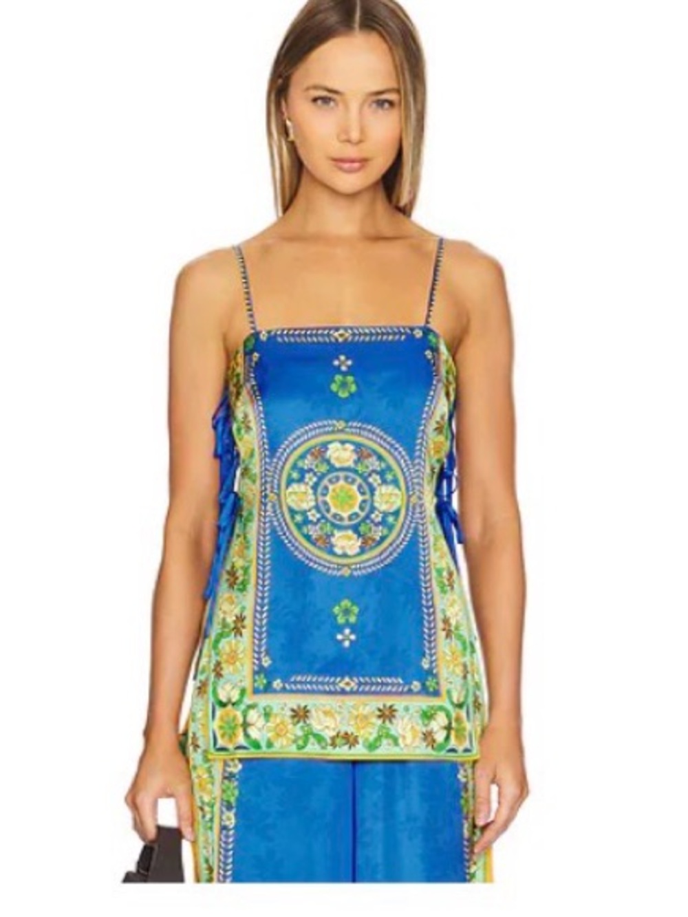 ALEMAIS Blue Medallion LINDA TOP — Tank with Green and Orange Accents, ties - Picture 2 of 8